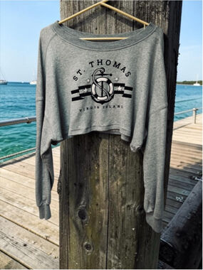 St Thomas AERO Fleece Crop Top Sweatshirt Womens L Virgin Islands Gray Cotton
